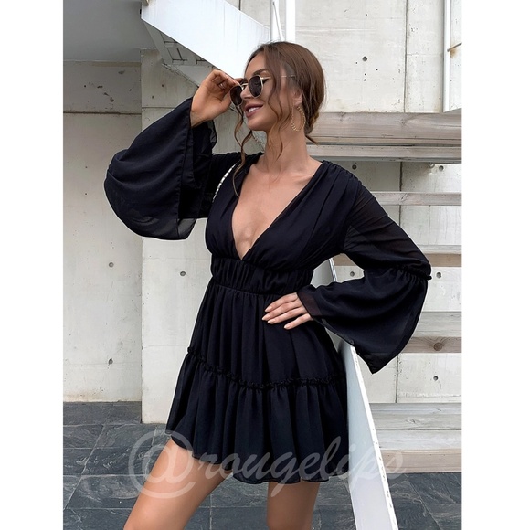 Black Boho Mini Dress Flounce Sleeves Deep V Neck - Picture 10 of 13